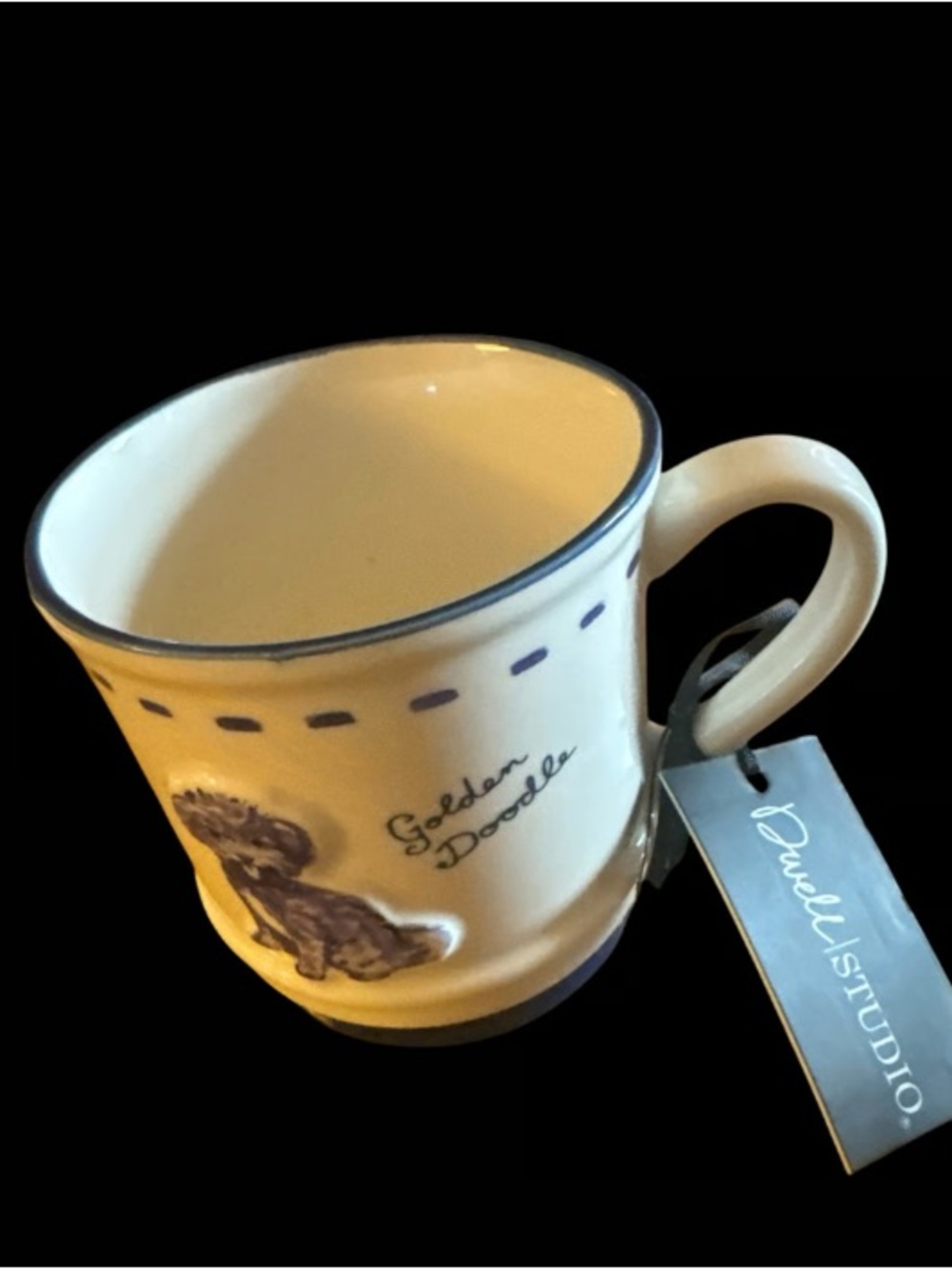 Golden Doodle Ceramic Mug - Cream with Blue Trim